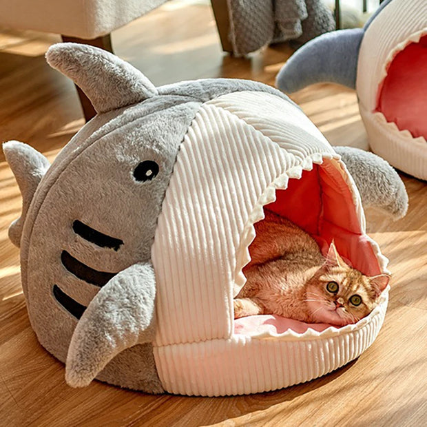 Cartoon Shark Pet Cave Bed, Cozy Cat Pillow Mat for Kittens and Puppies, Soft Cotton Cushion Nest