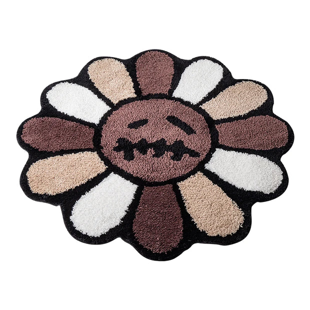 Smiling Face Tufted Flower Rug – Round Rainbow Bathroom Rug, Non-Slip, Machine Washable