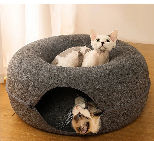 Donut Cat Bed for 2 Cats Pet Cat Tunnel Toys Kitten House Basket Interactive Play Toys for Cats Natural Felt Rabbit Cave Nest