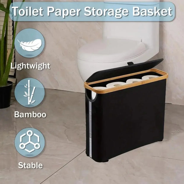 Bamboo Toilet Paper Basket Storage - Large Organizer with Lid for Bathroom