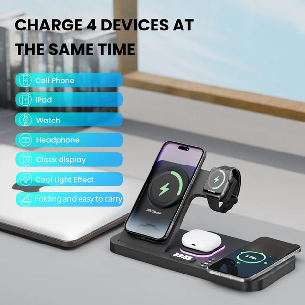 30W 6-in-1 Wireless Charger with RGB Night Light, Alarm Clock, and Fast Charging Station