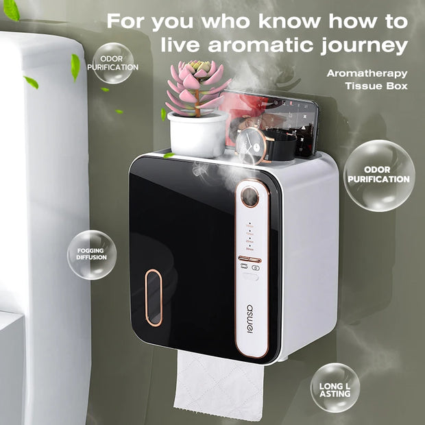 Multifunction Toilet Paper Box with Smart Aromatherapy - Wall Mount Storage Rack, Waterproof Paper Holder