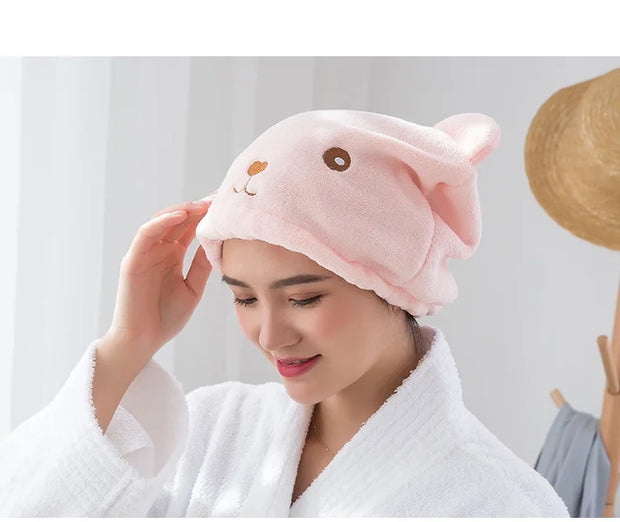 Cute Bear Microfiber Hair Drying Hat - Super Absorbent Bath Towel Cap