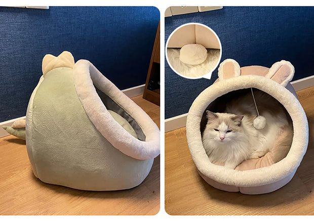 Cozy Cat Bed with Animal Ear Design - Breathable Semi-Closed Pet Nest