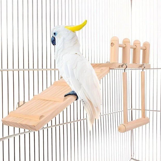 Wooden Bird Toy Set with Swing, Ladder, and Stand Platform for Small to Medium Birds