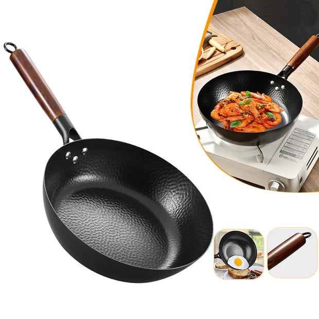 Lightweight Cast Iron Stir Fry Pan – Pre-Seasoned, Non-Stick Wok with Wooden Handle