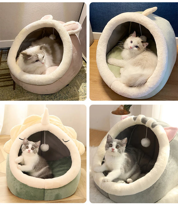 Cozy Cat Bed with Animal Ear Design - Breathable Semi-Closed Pet Nest